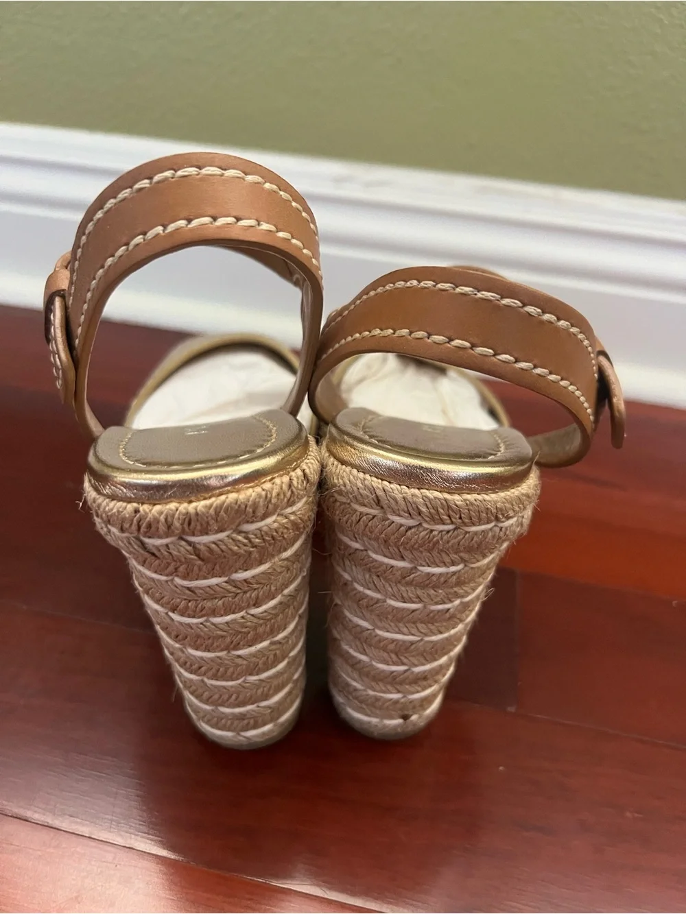 Prada Metallic Gold and Tan Leather Wedge Sandals